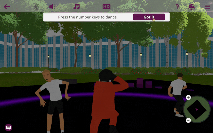 Students dancing on the virtual dance stage at night